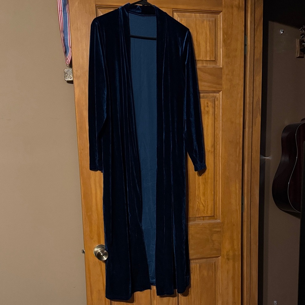 Long Open-Front Velvet Duster - Navy Blue
